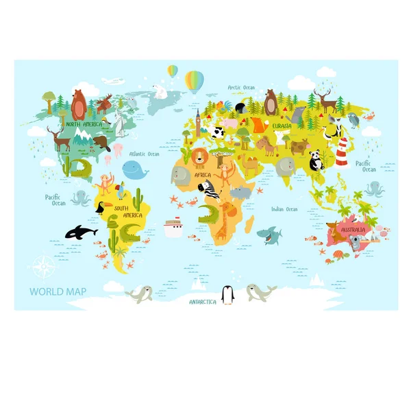 Vector Map World Cartoon Animals Kids Europe Asia South America — Stock Vector