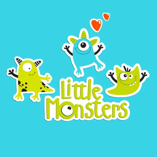 Vector Tekenfilmmonsters Stripfiguur Kleine Monsters Grappige Monsterlijke Typografische Illustratie Stickers — Stockvector