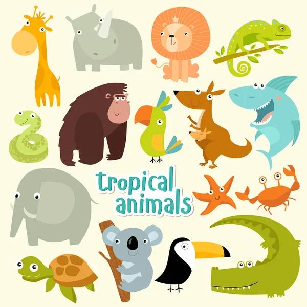 Grande Conjunto Animais Vetores Animais Tropicais Animais Desenhos Animados Leão —  Vetores de Stock
