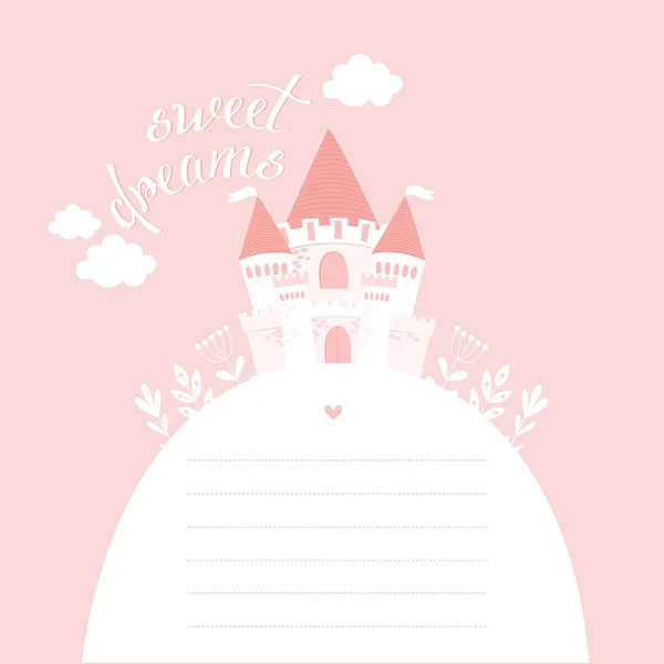 Vector Illustration Castle Place Text Pink Castle Poster Princess House — Stock Vector