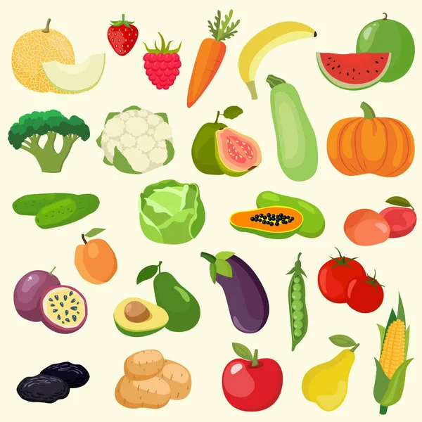 Vektoruppsättning Grönsaker Frukt Och Bär Potatis Morot Tomat Gurka Kål — Stock vektor