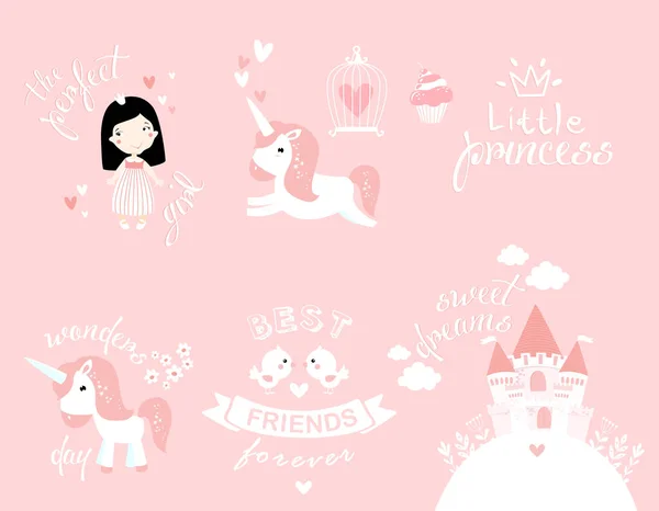 Векторный Набор Поздравительных Надписей Маленькая Принцесса Днем Рождения Лучшие Друзья — стоковый вектор