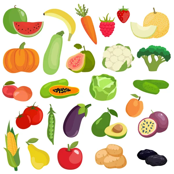 Vektoruppsättning Grönsaker Frukt Och Bär Potatis Morot Tomat Gurka Kål — Stock vektor