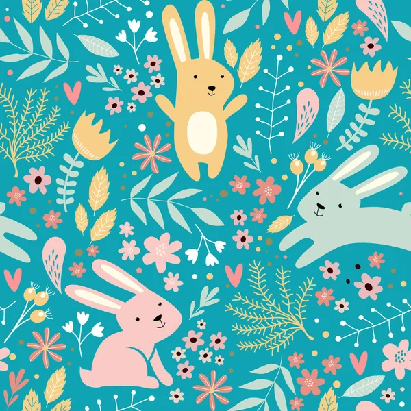 ウサギや植物とベクトルシームレス春パターン イースターパターン 漫画バニー — ストックベクタ