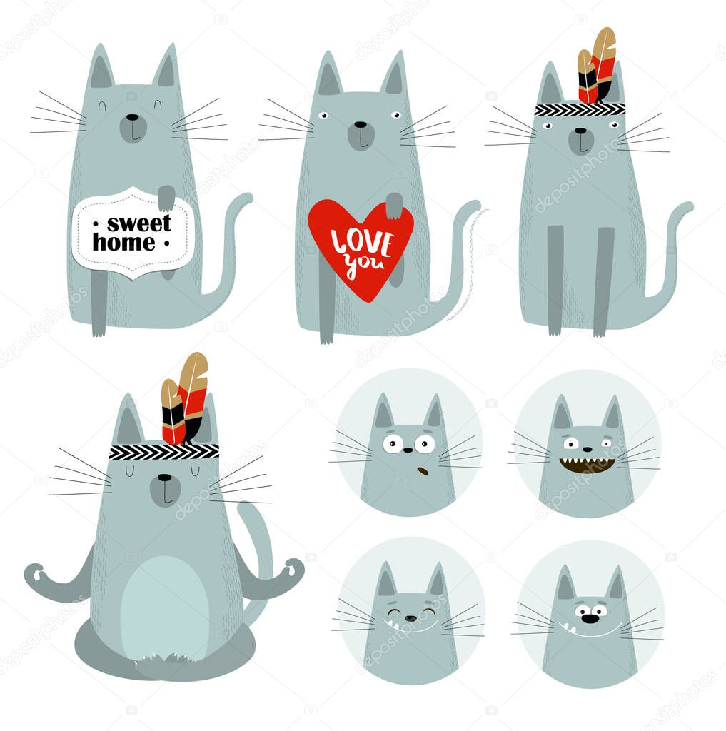 vector set of cartoon cats. yoga, meditation, sweet home, the cat is sleeping, the cat is playing, emotions.