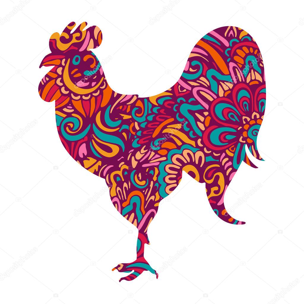 Vector rooster symbol Chinese calendar. Silhouette of colorful cock, decorated. lunar new year