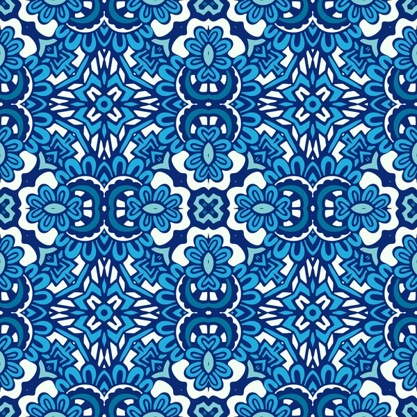 Blauwe geometrische floral naadloze tegel patroon — Stockvector