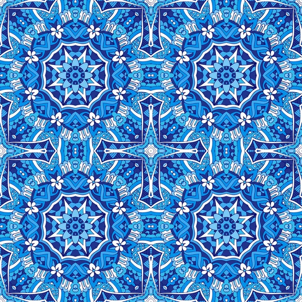 Precioso patrón vectorial sin costuras arabesco de azulejos orientales azules y blancos, adornos — Vector de stock