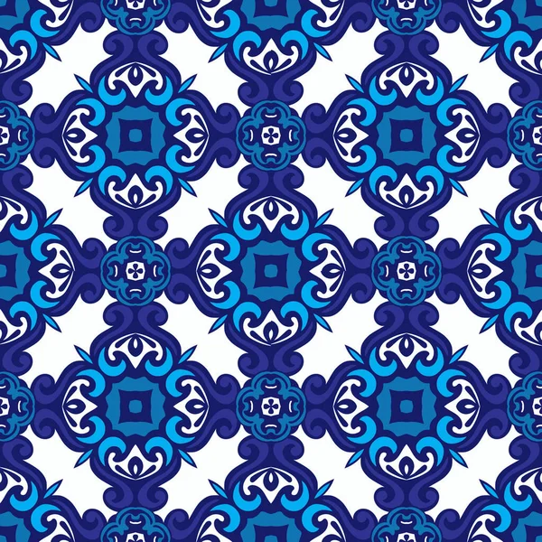 Resumen azulejo azul y blanco fondo étnico patrón sin costuras — Archivo Imágenes Vectoriales