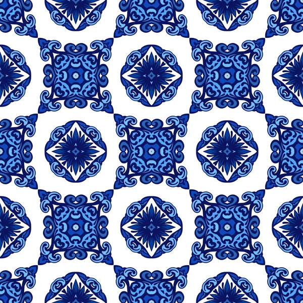 Decoración Azulejo Textura Impresión Mosaico Oriental Patrón Con Adorno Azul — Vector de stock