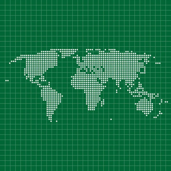 World dotted map with white transparent grid on dark green background — Stock Vector