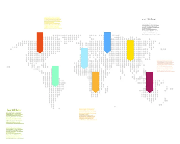 Infografía con el mapa del mundo punteado y punteros de color — Vector de stock