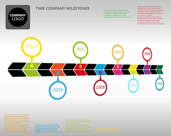 Hitos de la compañía de tiempo de infografía vectorial con punteros de año de círculo Gráfico de estilo espacial — Archivo Imágenes Vectoriales