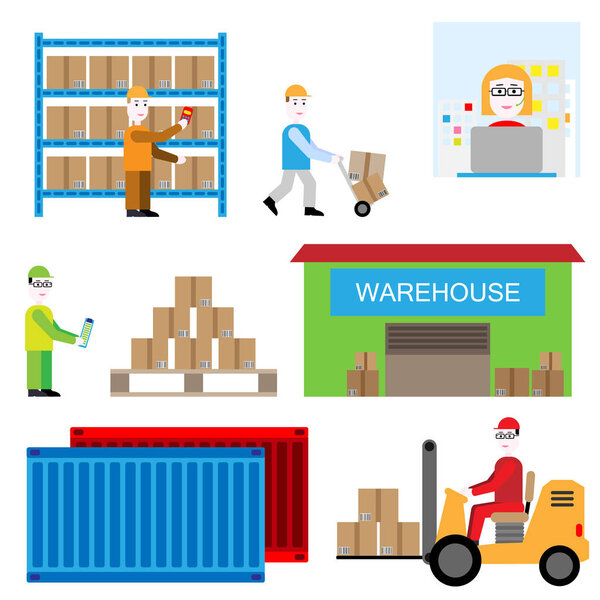 Warehouse set of delivery with boxes containers and workers office operator flat icons set vector illustration