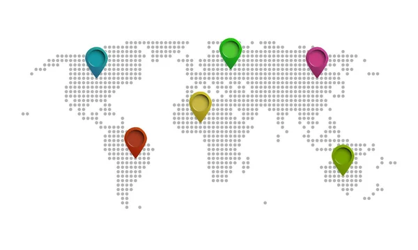 Na świecie kropkowana mapa ze wskaźnikami kolorów. Grafika wektorowa. — Wektor stockowy