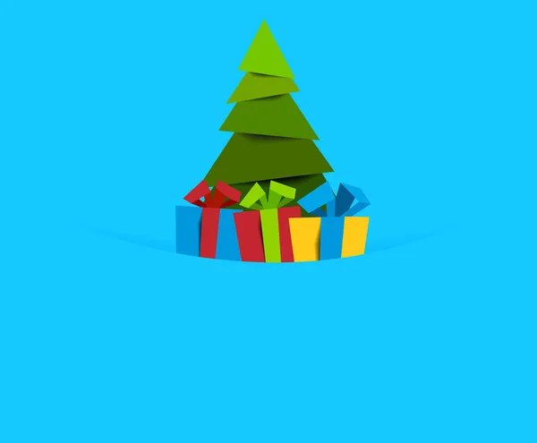 Árbol de Navidad con regalos de color sobre fondo azul estilo de corte de papel . — Vector de stock