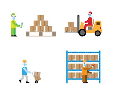 Koruyucu maskeli işçiler. Depoda çalış. Sevkiyat gönderiliyor. İş yerinde güvenlik. Lojistik ve envanter güvenliği. Müşteri için mal sipariş ediyorum. Vektör