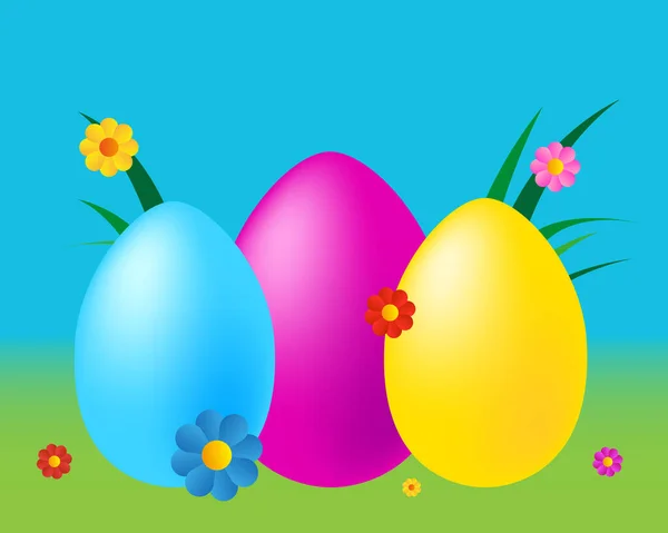 Paskalya Yassı Illüstrasyon Renkli Arka Planda Otlu Çiçekli Paskalya Yumurtası — Stok Vektör