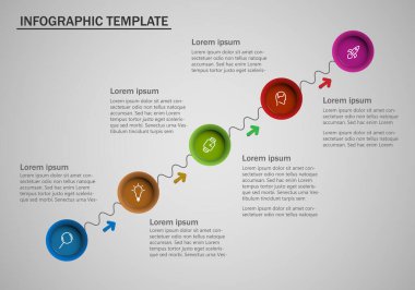 Metniniz için beş renkli adım simgesi ve okları olan bilgi şablonu