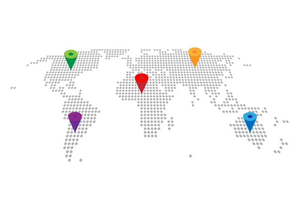 Mapa Świata Podróży Kropkowana Wskaźnikami Kolorów Ilustracja Wektora — Wektor stockowy