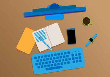 Bilgisayarı, klavyesi, spor saati, kahvesi, defteri, akıllı telefonu olan ofis masası - vektör grafiği