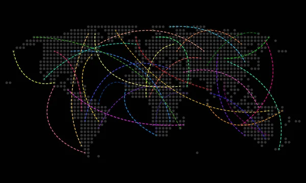 Weltkarte Mit Farbigen Wegen Schwarzer Hintergrund Vektor Transport Reiseverbindung Grafik — Stockvektor