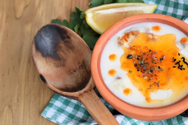 Kopfgeldsuppe Mit Tomatensauce Einer Steingutschale — Stockfoto