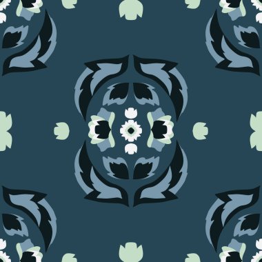 Vektör Folklor Gülü ve Mavi pürüzsüz desen arka planında Simetrik Bileşim Bırakıyor.