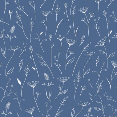 Mavi desensiz arkaplanda Vektör El Çizilmiş Çayır Çiçekleri.