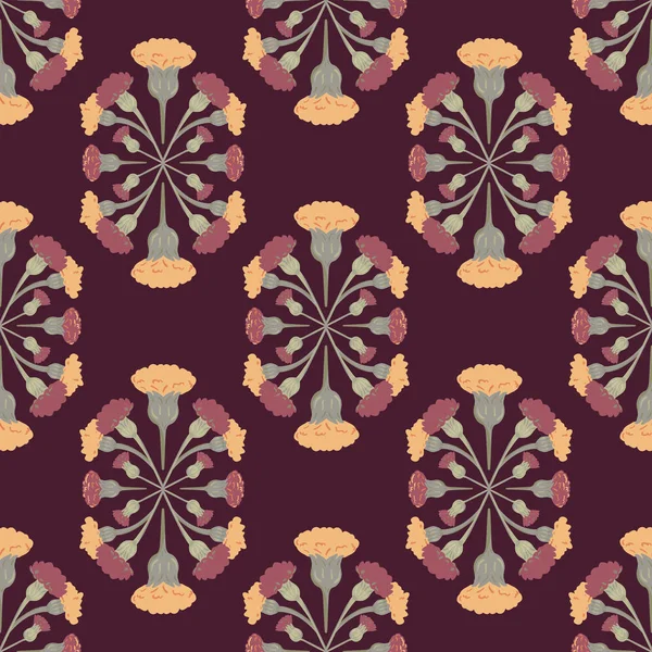 Vektor handgezeichnete Wiesenblumen symmetrisches Design auf weinrotem nahtlosem Muster Hintergrund. — Stockvektor