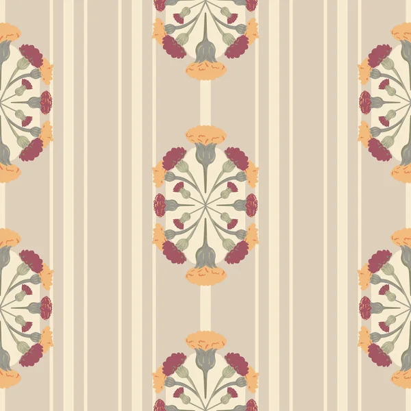 Vector Meadow Florals with Stripes Symmetrical Design bezszwowe tło wzoru. — Wektor stockowy