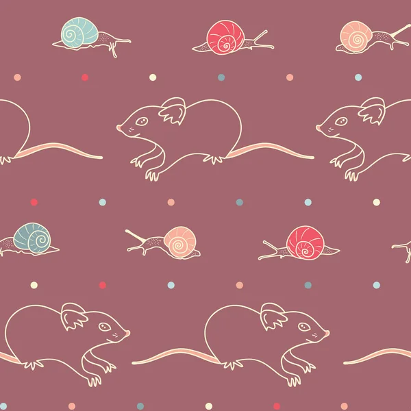 Vector ratones y caracoles Línea de arte Horizontal Diseño sin costuras patrón de fondo . — Archivo Imágenes Vectoriales