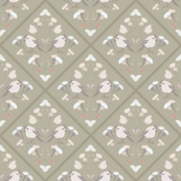 Vector Bloem en Vogels Samenstelling met Geometrie in Pastel Kleuren naadloze patroon achtergrond. — Stockvector