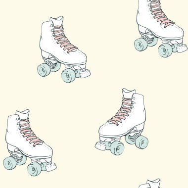 Vector Vintage Roller Skates on Pastel Yellow seamless pattern background.