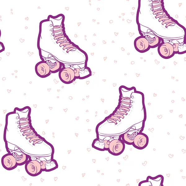 Vector Vintage Roller Skates with Doodled Hearts seamless pattern background. — Stok Vektör