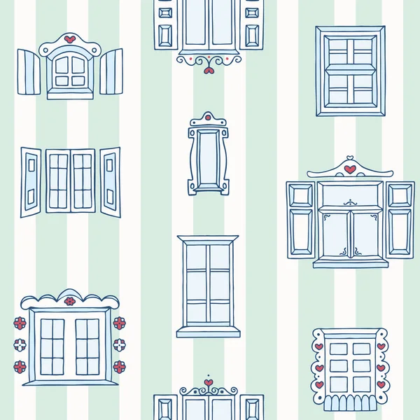 Vector Hand Drawn Old Town Windows on Stripes seamless pattern background. — Stockvektor