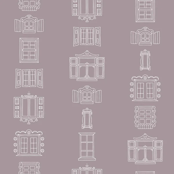 Vector Hand Drawn Old Town Windows on Cocoa Brown seamless pattern background. — Stockvector