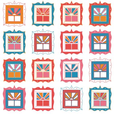 Vektör Eğlenceli Renkli El Çizilmiş Cam Pencereler pürüzsüz desen arkaplanı.