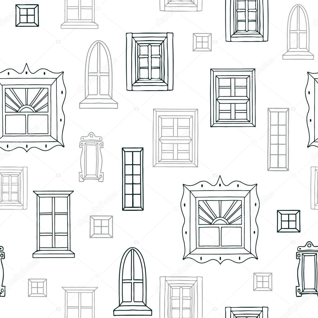 Vector Hand Drawn Window Lineart on White seamless pattern background.