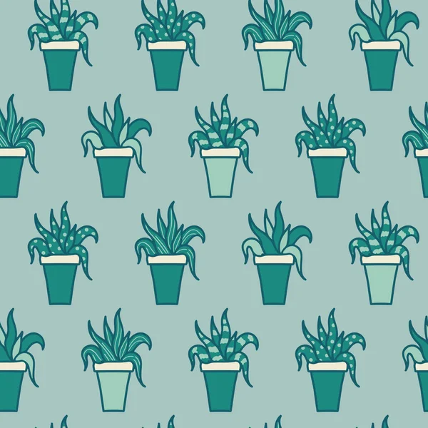 Διάνυσμα χέρι Σχεδιασμένο Aloe Pots σε παστέλ πράσινο αδιάλειπτη μοτίβο φόντο. — Διανυσματικό Αρχείο