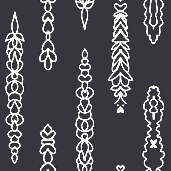 Vektor bílá ručně kreslené folklórní ornament lineart na tmavě šedé bezešvé vzor pozadí. — Stockový vektor
