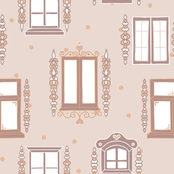 Vector Beautiful Hand Drawn Folclore Windows com ornamentos em beges quentes fundo padrão sem costura. Perfeito para projetos de tecido, scrapbooking e papel de parede . — Vetor de Stock