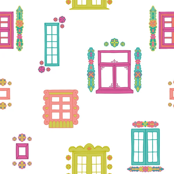 Vector Schöne bunte handgezeichnete Folklore-Fenster mit Ornamenten nahtlosen Muster Hintergrund. Perfekt für Stoff-, Scrapbooking- und Tapetenprojekte. — Stockvektor