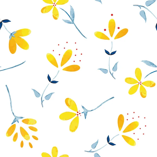Vector Beautiful Yellow Watercolor Wild Florals su sfondo bianco modello senza cuciture. Perfetto per progetti di tessuto, scrapbooking e carta da parati. — Vettoriale Stock