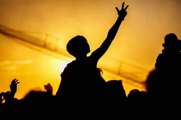 Joven disfruta de un concierto de rock, silueta en la puesta de sol — Foto de Stock