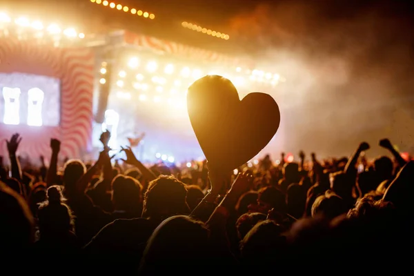 Kalbini insanlara kalabalığın arasında canlı bir konser sırasında kapatın — Stok fotoğraf