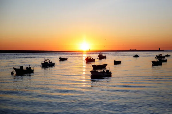 Silhuetas de um barcos à vela ao pôr do sol. — Fotografia de Stock