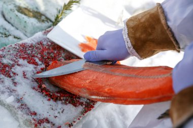 Kesme dondurulmuş balık, somon fileto üzerinde. Kırmızı mutfak masa, özel mavi eldiven elinde