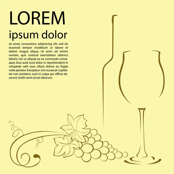 Bir şişe şarap, cam ve üzüm. Kontur grafik tasarım. Vektör görüntü.