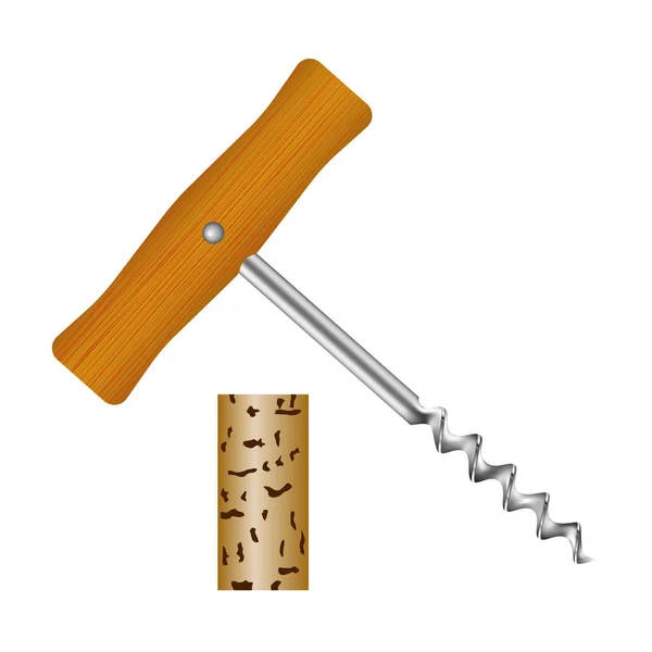 Corkscrew with wooden handle and wine cork — Stock Vector